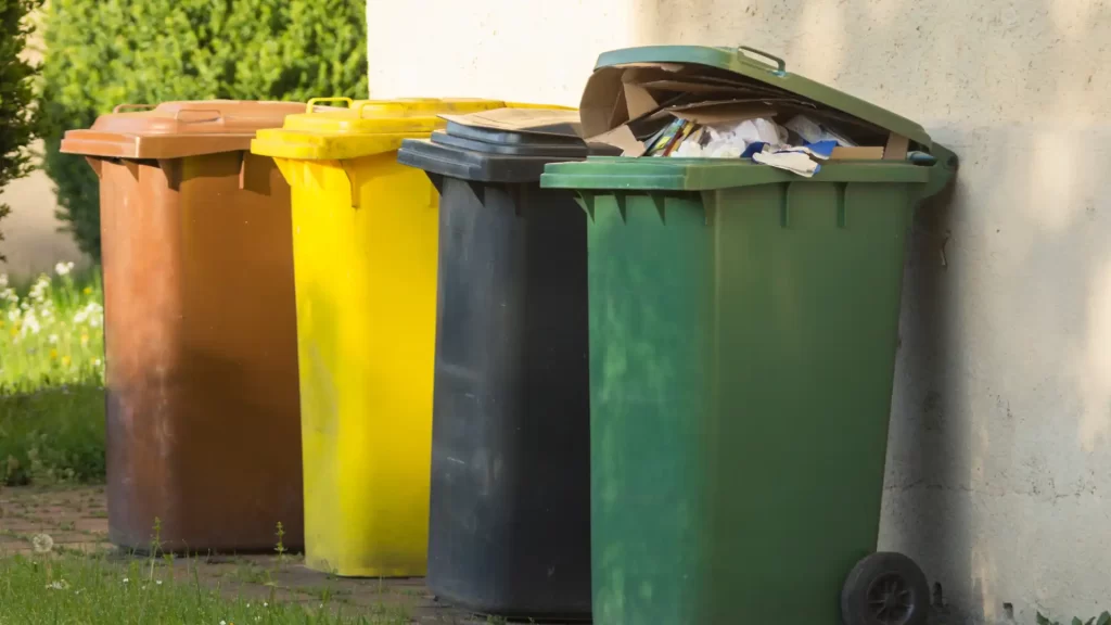 Clean outdoor trash bin with closed lid in shaded area to prevent flies in Northwest Arkansas summer