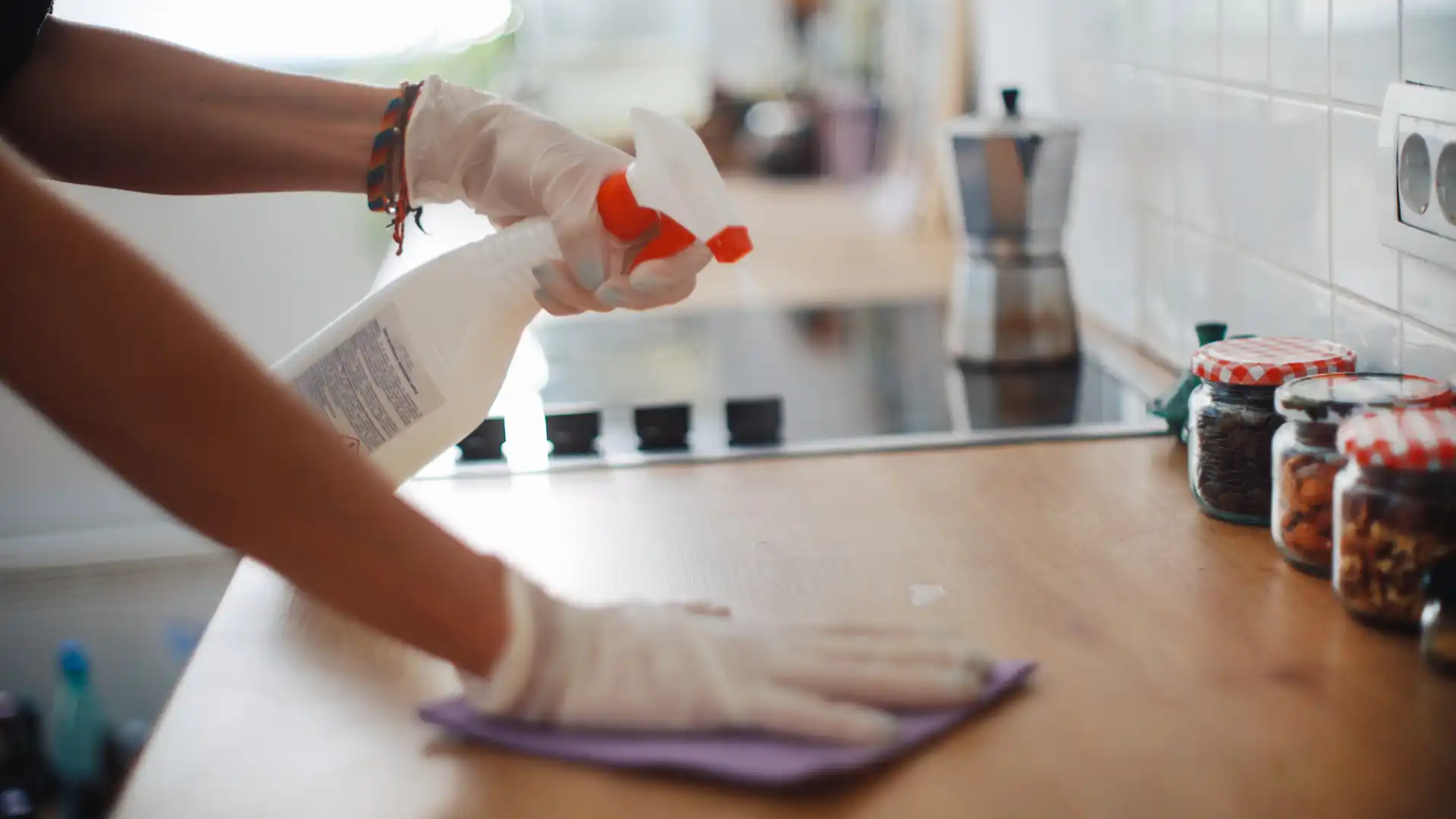 Clean kitchen counters and floor ready for pest control treatment in a Northwest Arkansas home