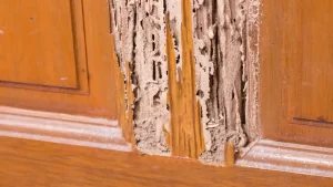 Close-up of wooden door severely damaged by termite infestation in Northwest Arkansas home